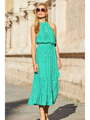 Sosandar Green High Neck Keyhole Belted Midi Dress - Image 1 of 4
