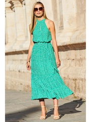 Sosandar Green High Neck Keyhole Belted Midi Dress - Image 3 of 4