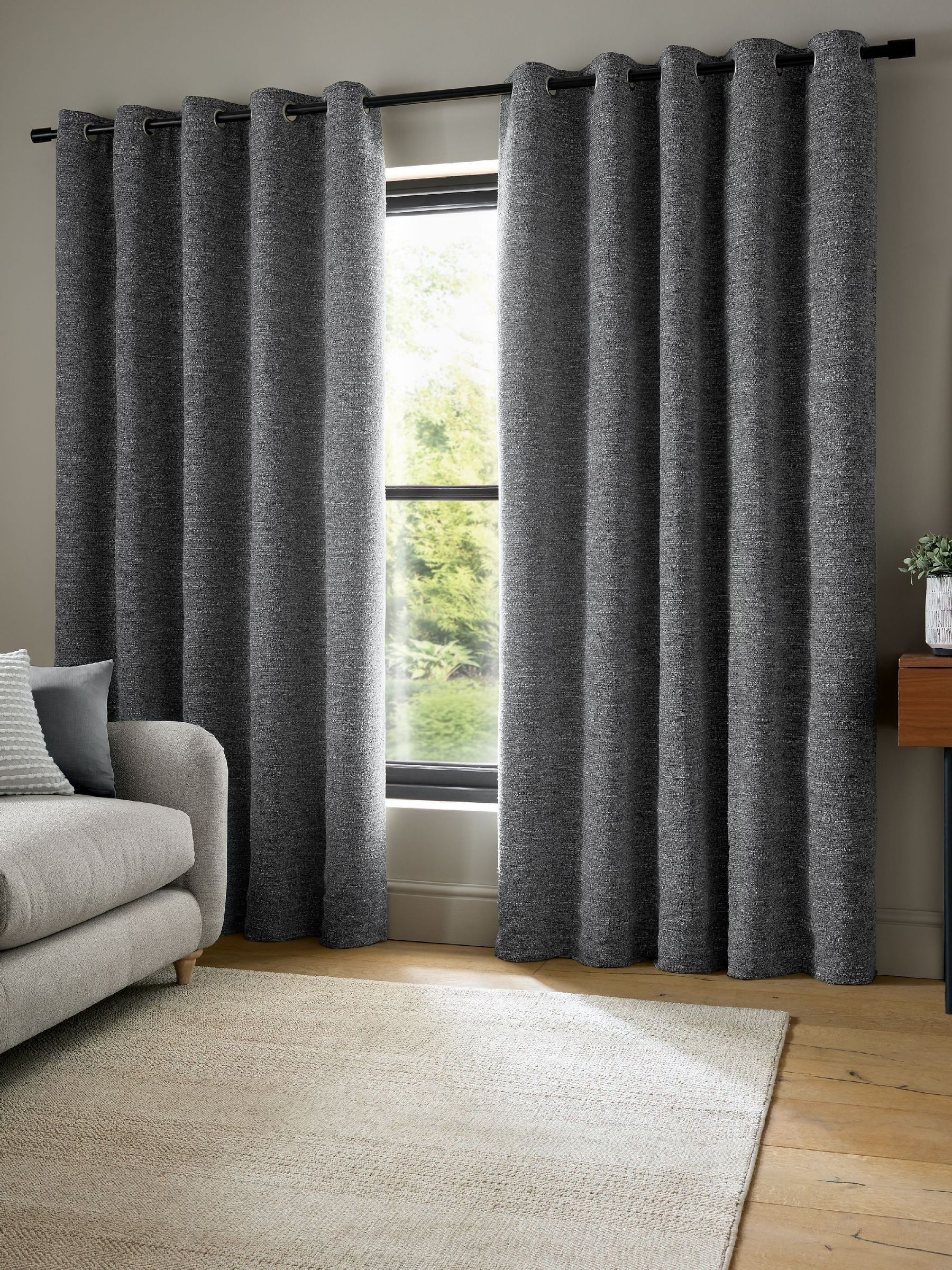 B&Q -  Chunky Boucle 90X90 Inch Lined Eyelet Curtains Two Panels Charcoal Grey - Image 7