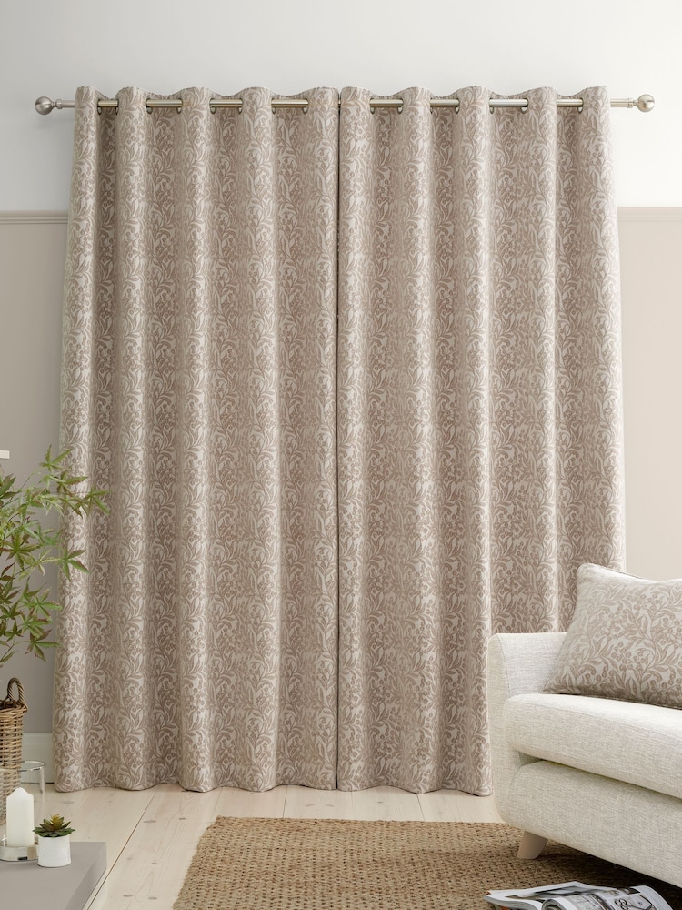Bianca Natural Chenille Leaves Lined Eyelet Curtains - Image 2 of 5 Bianca Natural Chenille Leaves Lined Eyelet Curtains - Image 2 of 5
