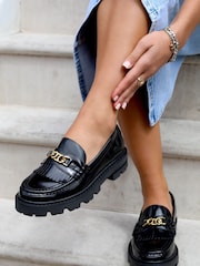 Linzi Black Remy Loafers with Fringe Detail And Gold Chain - Image 1 of 5
