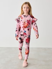 Baker by Ted Baker Pink Floral Frill Shoulder Detail Pyjama Set - Image 1 of 8