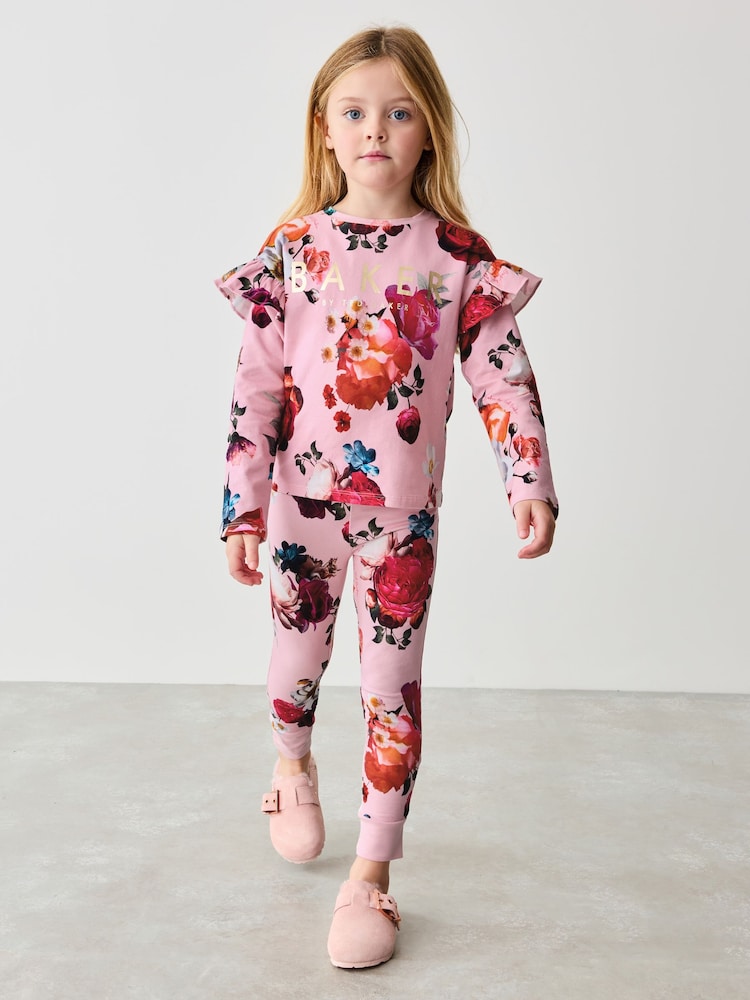 Baker by Ted Baker Pink Floral Frill Shoulder Detail Pyjama Set - Image 1 of 8