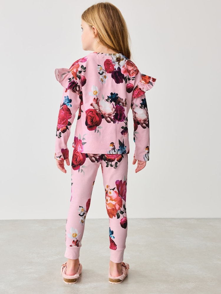 Baker by Ted Baker Pink Floral Frill Shoulder Detail Pyjama Set - Image 2 of 8