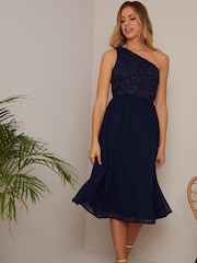 Chi Chi London Blue One Shoulder Premium Lace Chiffon Midi Dress - Image 1 of 4