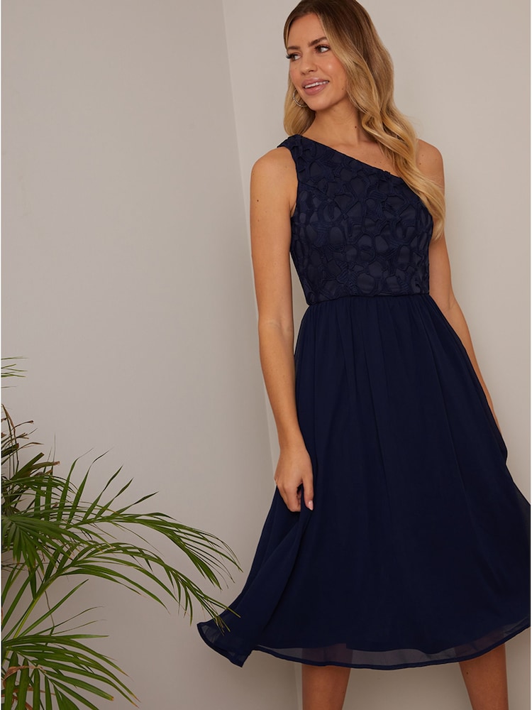 Chi Chi London Blue One Shoulder Premium Lace Chiffon Midi Dress - Image 2 of 4