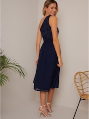 Chi Chi London Blue One Shoulder Premium Lace Chiffon Midi Dress - Image 4 of 4