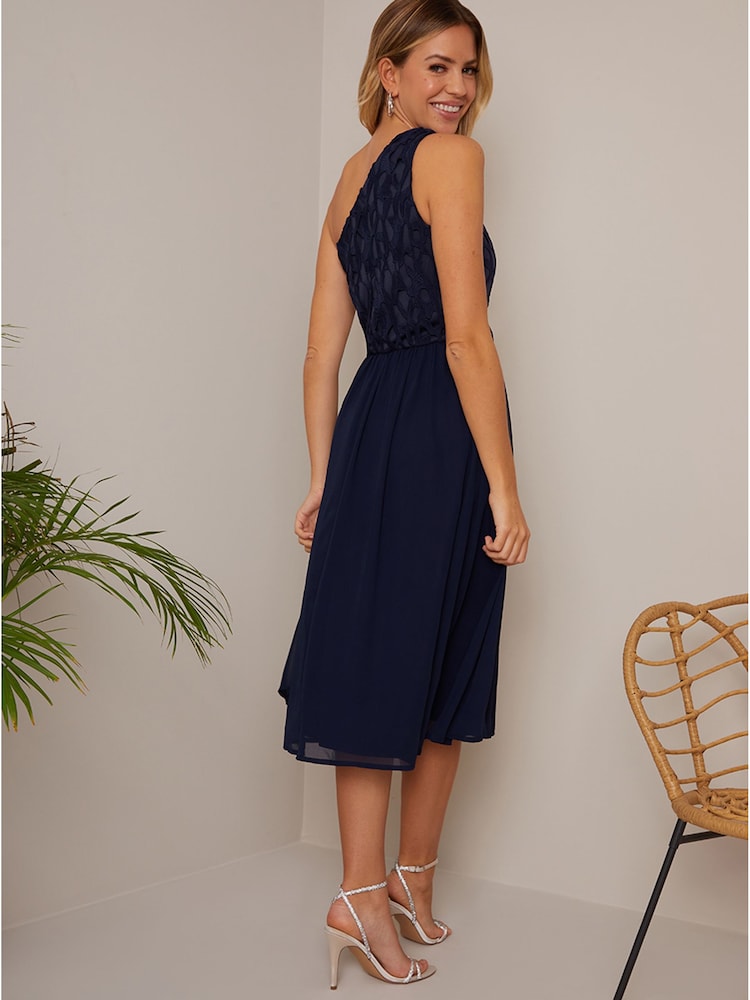 Chi Chi London Blue One Shoulder Premium Lace Chiffon Midi Dress - Image 4 of 4