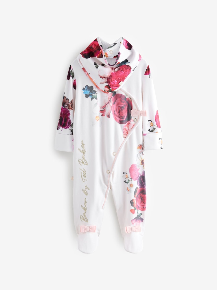 Baker by Ted Baker Cream Floral Print Wrap 100% Cotton Sleepsuit and Bib - Image 1 of 6