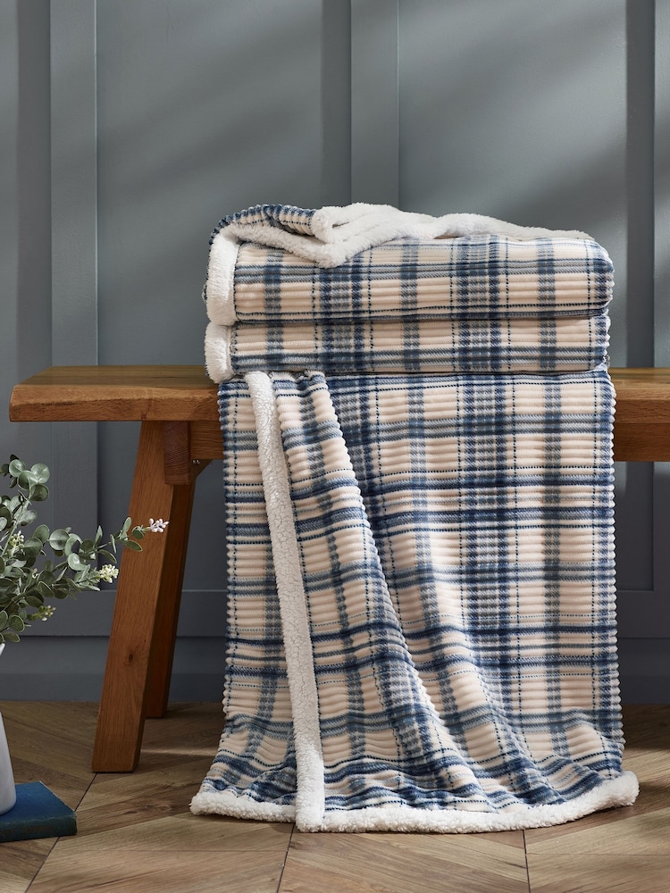 Catherine Lansfield Blue Cosy Ribbed Check Sherpa Blanket Throw - Image 1 of 3 Catherine Lansfield Blue Cosy Ribbed Check Sherpa Blanket Throw - Image 1 of 3