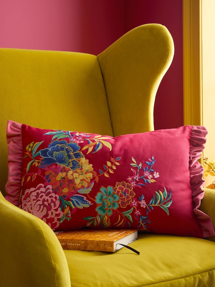 Sophie Robinson Pink Flourish Floral Frill Filled Cushion - Image 1 of 4 Sophie Robinson Pink Flourish Floral Frill Filled Cushion - Image 1 of 4