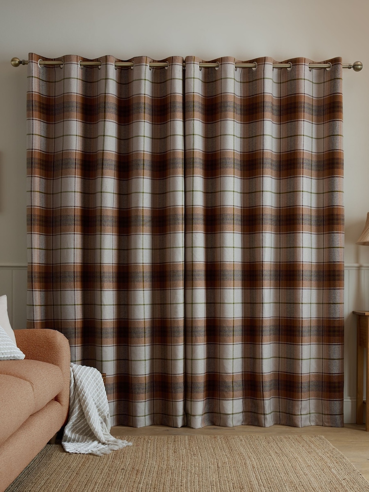 Catherine Lansfield Terracotta Brushed Glencoe Check Woven Thermal Eyelet Curtains - Image 2 of 5 Catherine Lansfield Terracotta Brushed Glencoe Check Woven Thermal Eyelet Curtains - Image 2 of 5