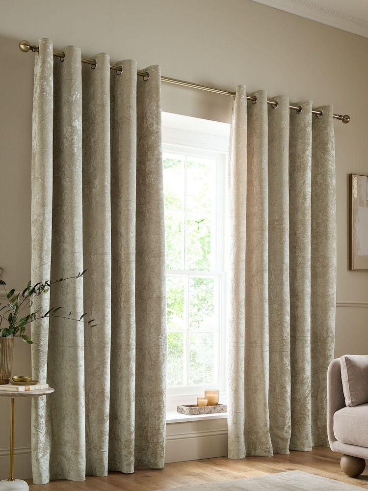 Catherine Lansfield Natural Crushed Velvet Lined Eyelet Curtain - Image 1 of 4 Catherine Lansfield Natural Crushed Velvet Lined Eyelet Curtain - Image 1 of 4