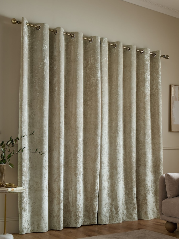 Catherine Lansfield Natural Crushed Velvet Lined Eyelet Curtain - Image 2 of 4 Catherine Lansfield Natural Crushed Velvet Lined Eyelet Curtain - Image 2 of 4