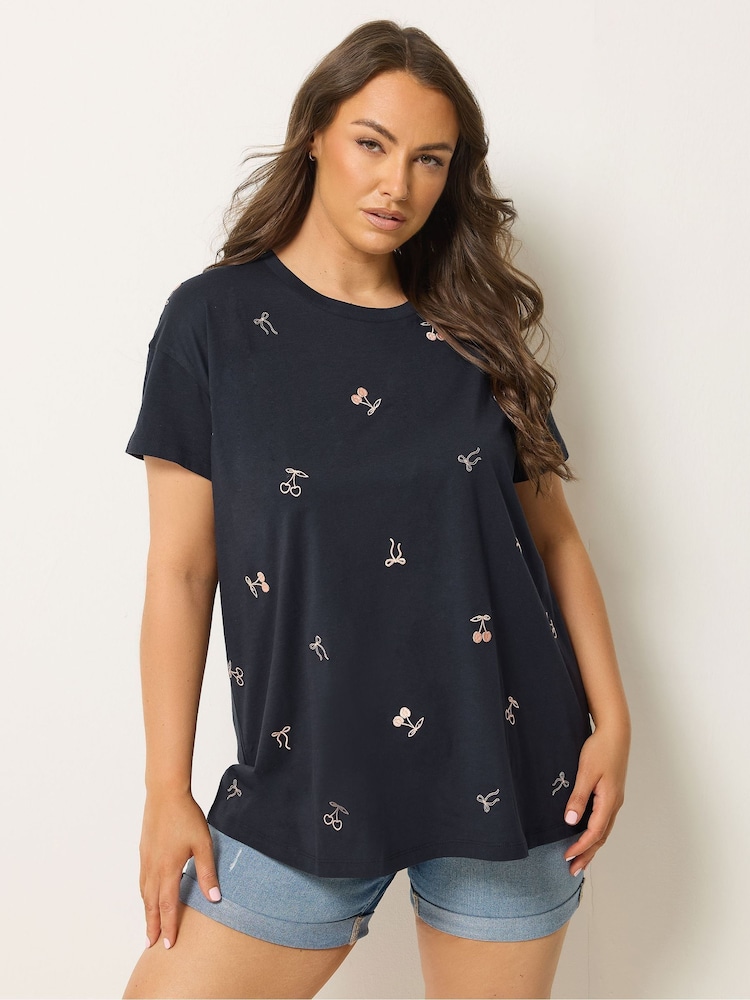 Yours Curve Blue Embroidered T-Shirt - Image 1 of 5