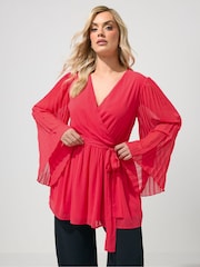Yours Curve Red London Pleated Sleeve Wrap Top - Image 1 of 5
