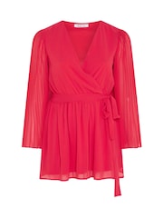Yours Curve Red London Pleated Sleeve Wrap Top - Image 5 of 5
