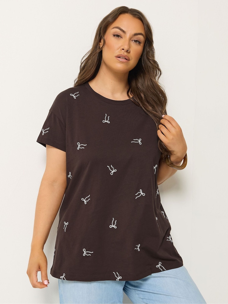Yours Curve Brown Embroidered T-Shirt - Image 1 of 5