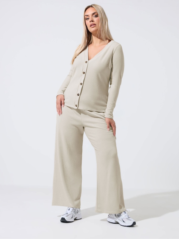 Yours Curve Natural Limited Crinkle Ribbed Wide Leg Trousers - Image 1 of 6 Yours Curve Natural Limited Crinkle Ribbed Wide Leg Trousers - Image 1 of 6