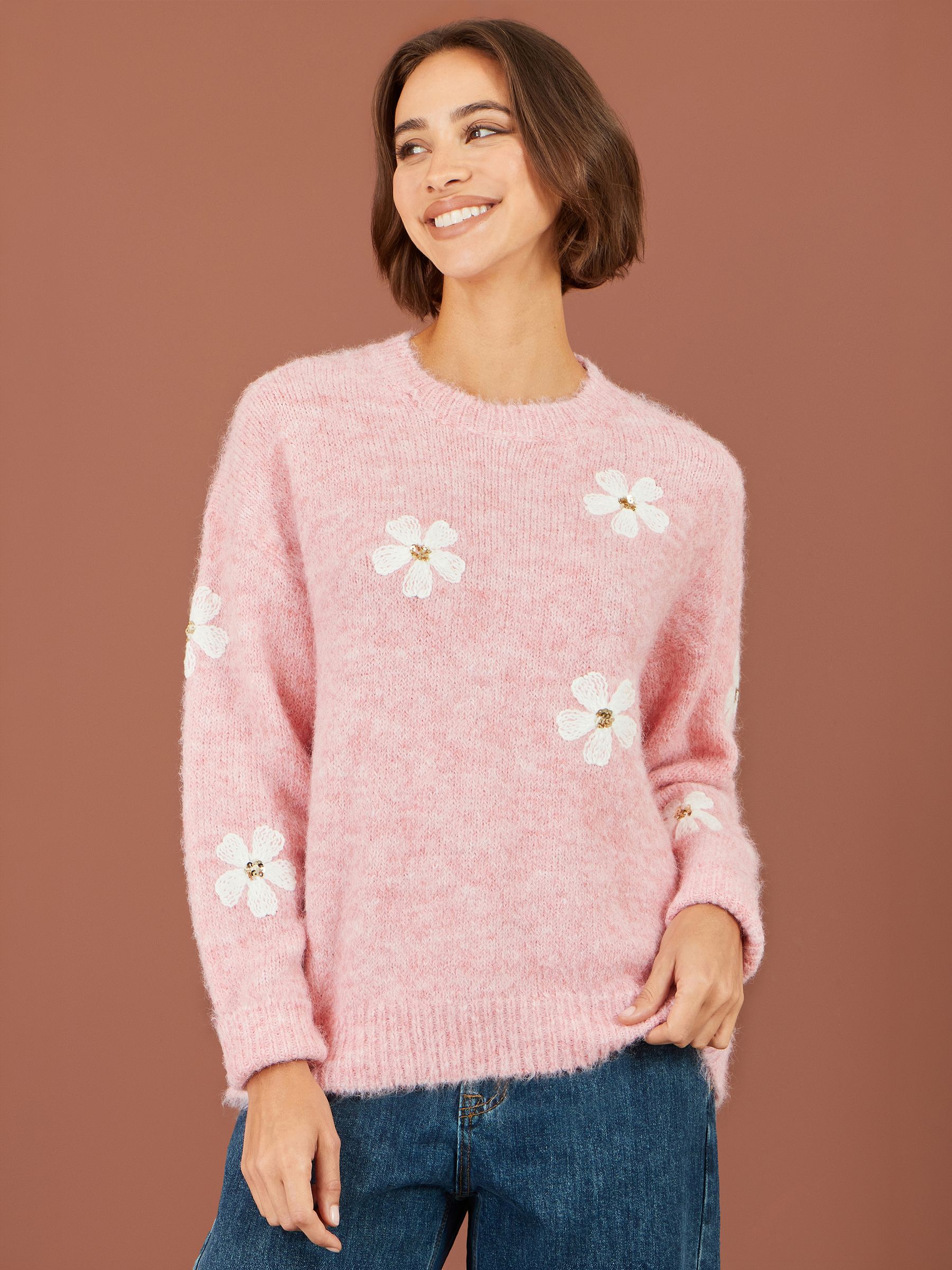 Yumi Women's Pink Relaxed Jumper With Crochet Flowers In | : Large - Image 1