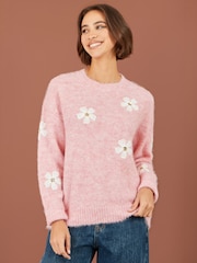 Yumi Pink Relaxed Jumper With Crochet Flowers - Image 1 of 5