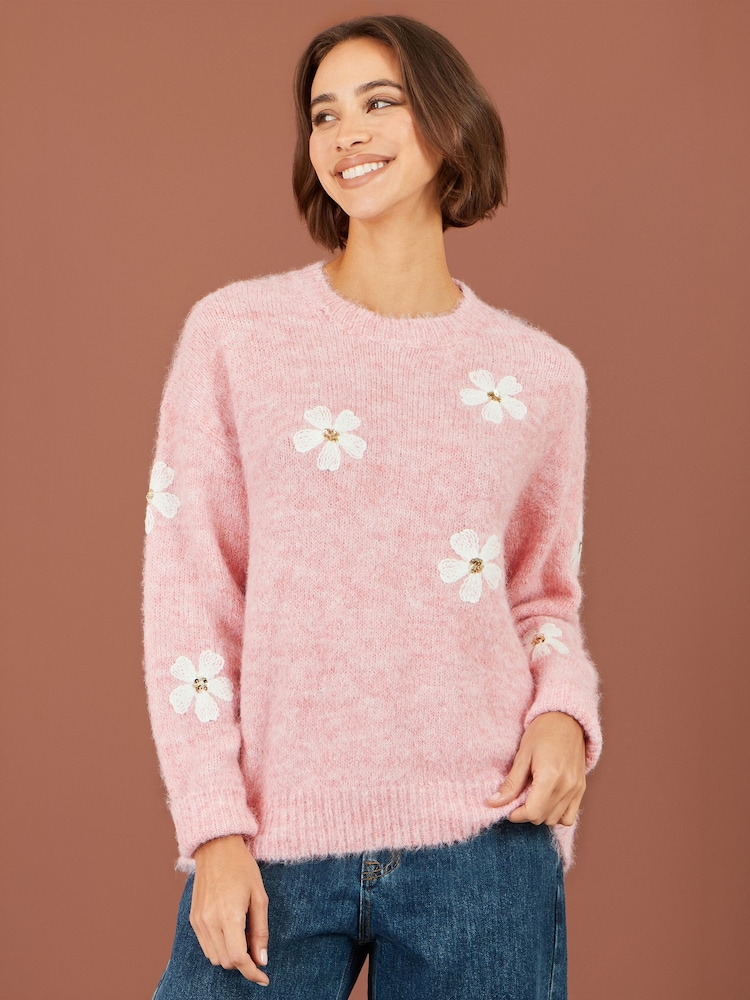 Yumi Pink Relaxed Jumper With Crochet Flowers - Image 1 of 5 Yumi Pink Relaxed Jumper With Crochet Flowers - Image 1 of 5