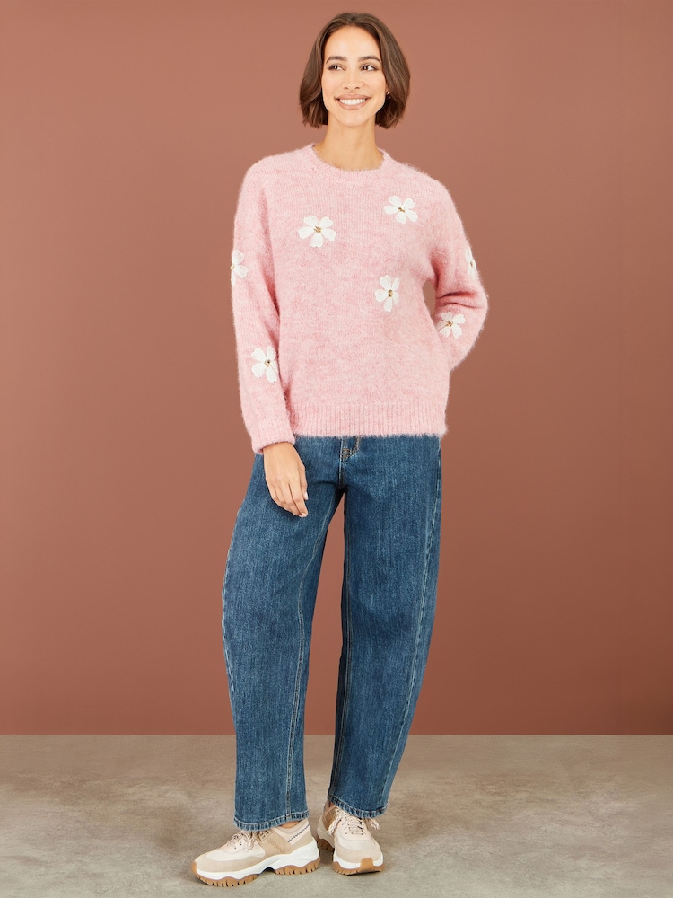 Yumi Pink Relaxed Jumper With Crochet Flowers - Image 2 of 5 Yumi Pink Relaxed Jumper With Crochet Flowers - Image 2 of 5