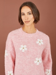 Yumi Pink Relaxed Jumper With Crochet Flowers - Image 3 of 5