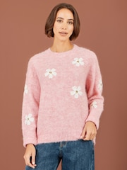 Yumi Pink Relaxed Jumper With Crochet Flowers - Image 4 of 5