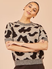 Yumi Brown Leopard Intarsia Short Sleeve Jumper - Image 1 of 4