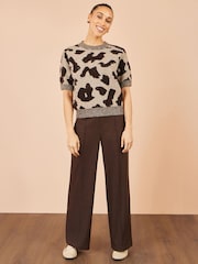 Yumi Brown Leopard Intarsia Short Sleeve Jumper - Image 2 of 4