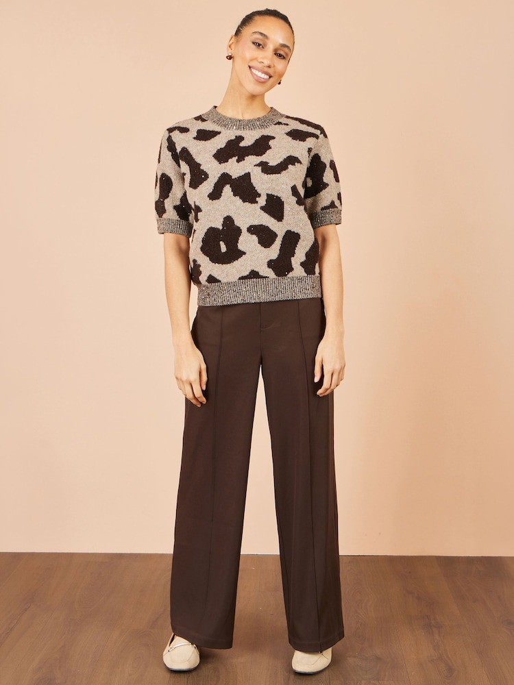 Yumi Brown Leopard Intarsia Short Sleeve Jumper - Image 2 of 4 Yumi Brown Leopard Intarsia Short Sleeve Jumper - Image 2 of 4