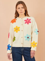 Yumi Cream Knitted Flower Appliqué Cardigan - Image 1 of 5