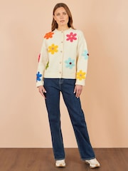 Yumi Cream Knitted Flower Appliqué Cardigan - Image 2 of 5