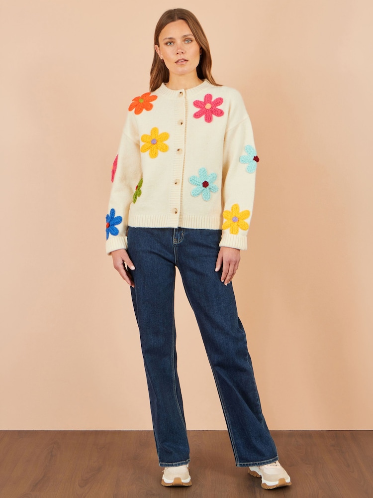 Yumi Cream Knitted Flower Appliqué Cardigan - Image 2 of 5 Yumi Cream Knitted Flower Appliqué Cardigan - Image 2 of 5