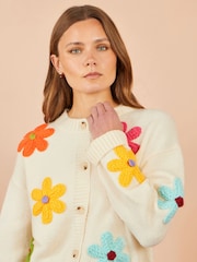 Yumi Cream Knitted Flower Appliqué Cardigan - Image 3 of 5