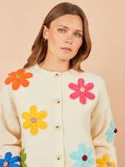 Yumi Cream Knitted Flower Appliqué Cardigan - Image 4 of 5