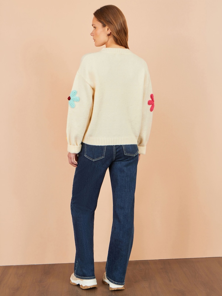 Yumi Cream Knitted Flower Appliqué Cardigan - Image 5 of 5 Yumi Cream Knitted Flower Appliqué Cardigan - Image 5 of 5