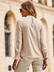Sosandar Cream Chevron Textured High Neck Top - Image 2 of 5