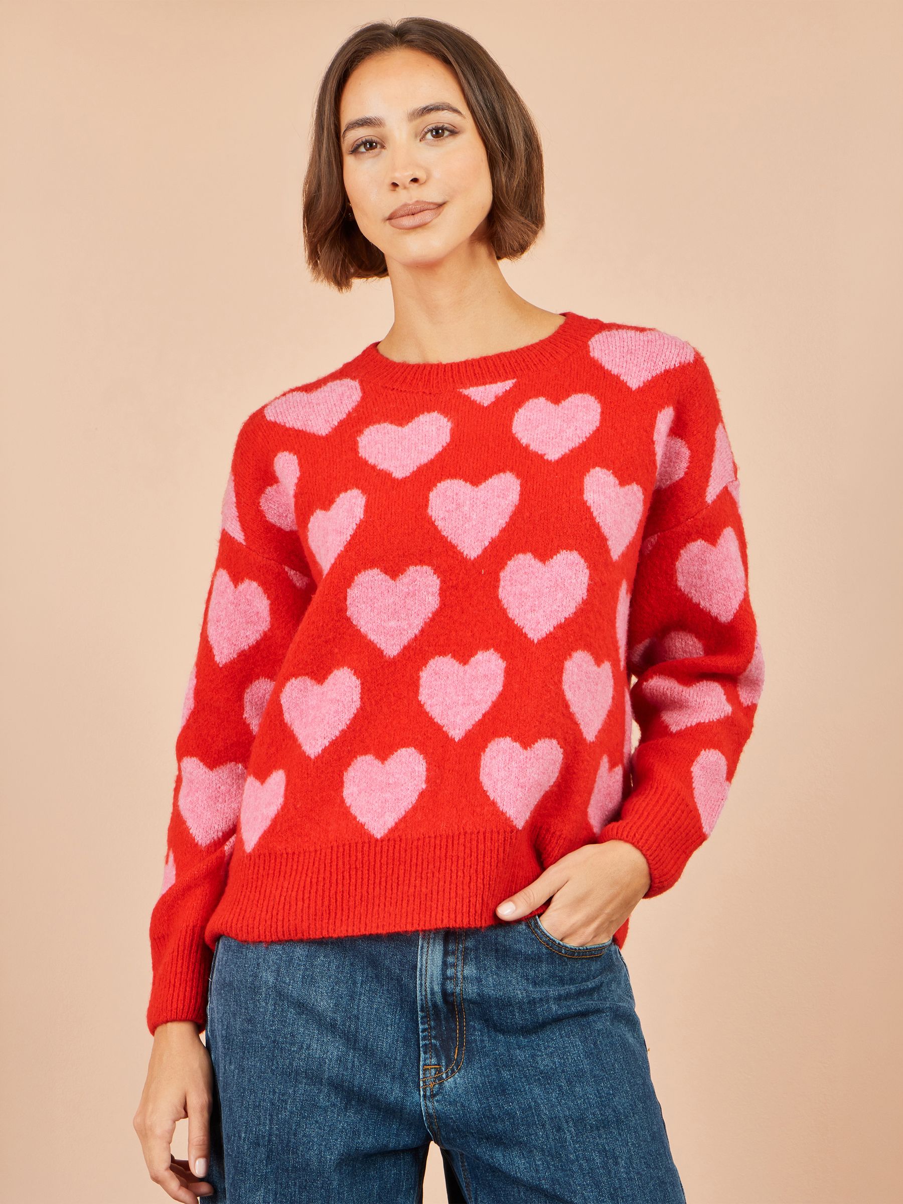 Yumi Women's Red Heart Intarsia Relaxed Jumper