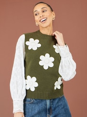 Зеленый - трикотажная майка с цветочной аппликацией Yumi - Изображение 4 5
