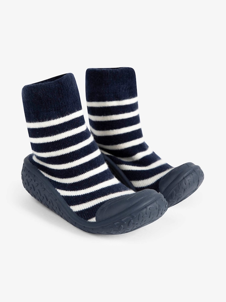 JoJo Maman Bébé Navy Blue Ecru Cream Stripe Boys' Stripe Indoor Outdoor Slipper Socks - Image 1 of 4