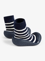 JoJo Maman Bébé Navy Blue Ecru Cream Stripe Boys' Stripe Indoor Outdoor Slipper Socks - Image 2 of 4