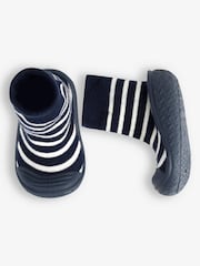 JoJo Maman Bébé Navy Blue Ecru Cream Stripe Boys' Stripe Indoor Outdoor Slipper Socks - Image 3 of 4