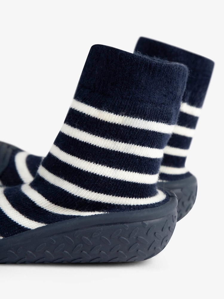JoJo Maman Bébé Navy Blue Ecru Cream Stripe Boys' Stripe Indoor Outdoor Slipper Socks - Image 4 of 4