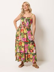 Yours Curve Green Shirred Placket Dress - Image 1 of 5
