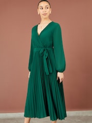 Yumi Green Pleated Wrap Midi Dress With Sheer Long Sleeves - Image 1 of 5