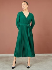 Yumi Green Pleated Wrap Midi Dress With Sheer Long Sleeves - Image 2 of 5