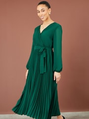 Yumi Green Pleated Wrap Midi Dress With Sheer Long Sleeves - Image 3 of 5
