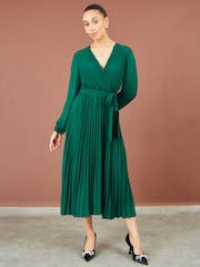 Yumi Green Pleated Wrap Midi Dress With Sheer Long Sleeves - Image 4 of 5